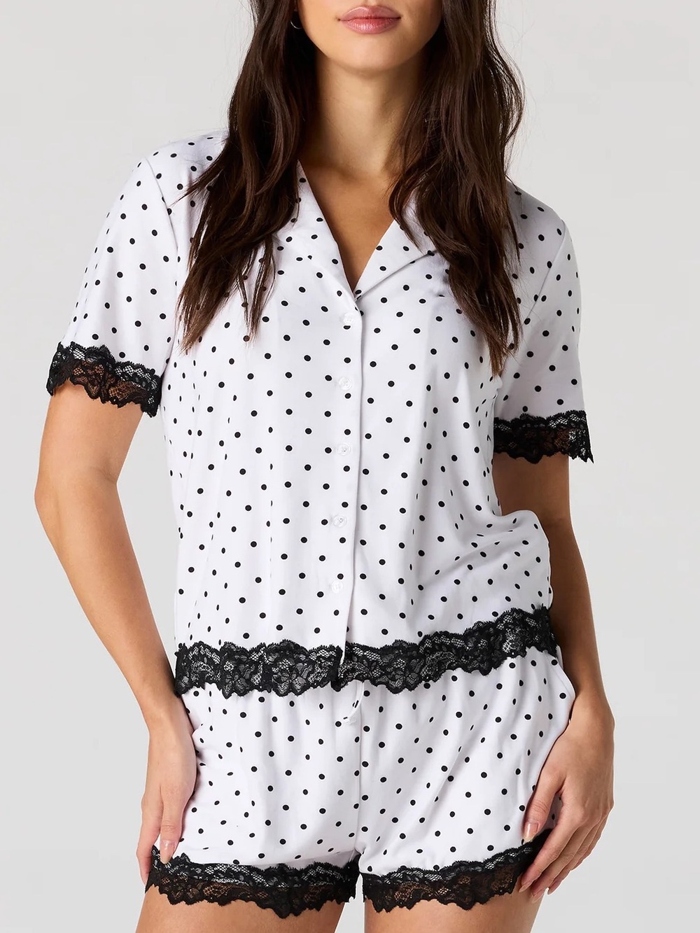 White and Black Polka Dot Lace-Trim Short Pajama Set